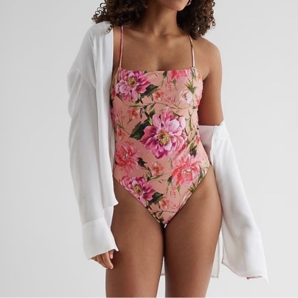 NWT Express Pink Floral Strappy Lace-Up Body Contour One-Piece Swimsuit #S01 - Picture 4 of 15